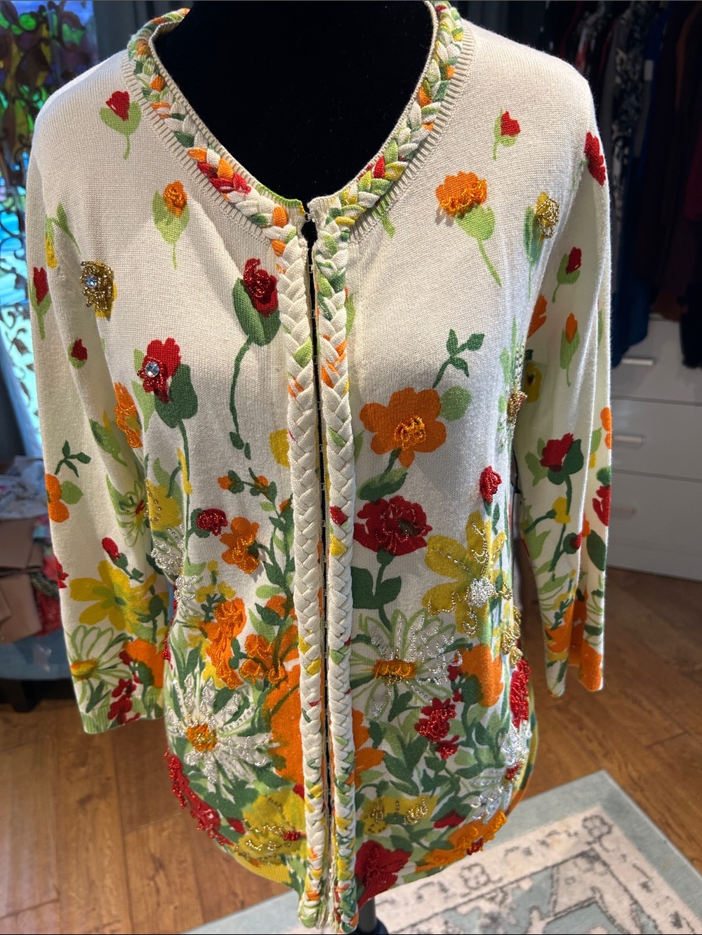Michael Simon Cream Cardigan with Red, Orange, Yellow & Green Floral Embroidery